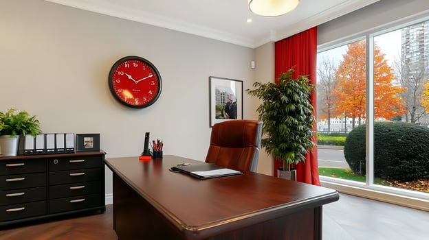 Modern office interior with a wooden desk, clock, and autumn scenery visible through large windows photo