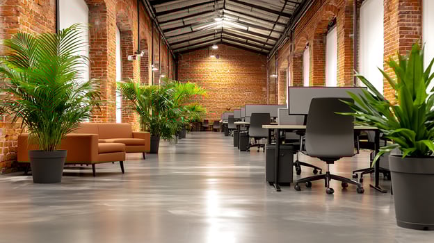 Modern office interior with brick walls, plants, and workstations in a spacious layout photo