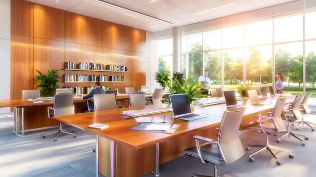 Modern office interior with large windows, plants, and professionals collaborating in sunlight photo