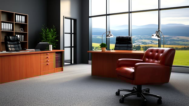 Modern office interior with two desks, ergonomic chairs, and scenic mountain view outside photo