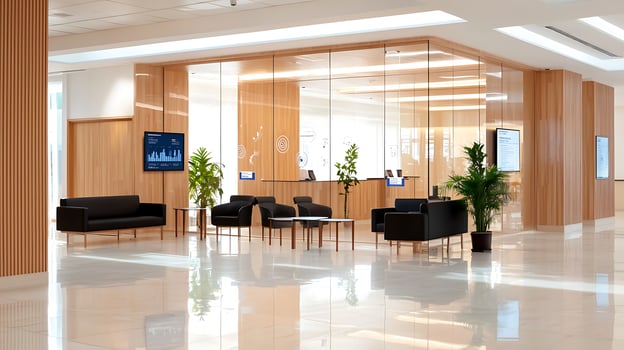 Modern office lobby with sleek furniture, greenery, and digital displays showcasing statistics photo