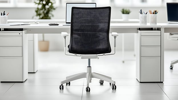 Modern office space featuring a sleek ergonomic chair in a bright, minimalistic environment photo