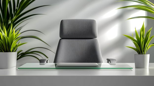 Modern office space featuring a sleek chair and glass desk surrounded by vibrant plants photo