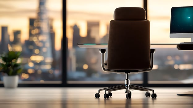 Modern office space with a view of a city skyline at sunset, featuring a sleek chair and computer photo