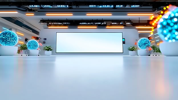 Modern office space featuring digital displays and futuristic decor with glowing orbs photo