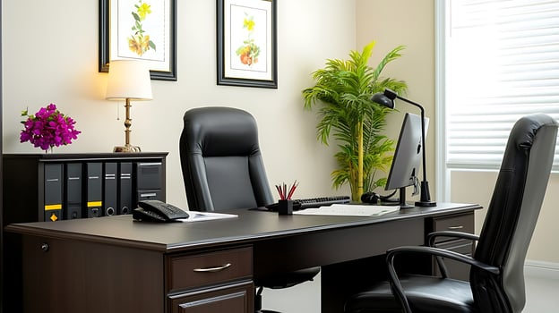Modern office workspace featuring a desk, computer, and decorative plants, with organized files photo