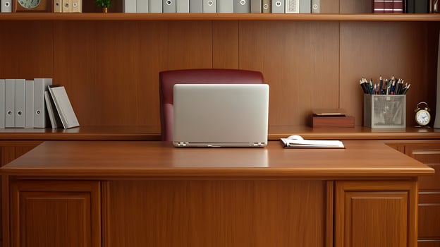 Modern office workspace featuring a wooden desk, laptop, and organized stationery, creating a professional atmosphere photo