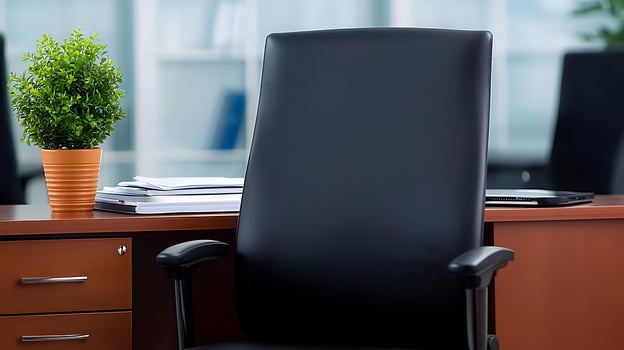 Modern office workspace featuring an empty black chair beside a wooden desk and potted plant photo