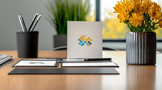 Modern office workspace featuring stationery, a potted plant, and vibrant flowers in the background photo