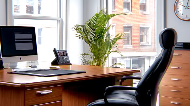 Modern office workspace with a computer and chair, featuring a plant and city view outside photo
