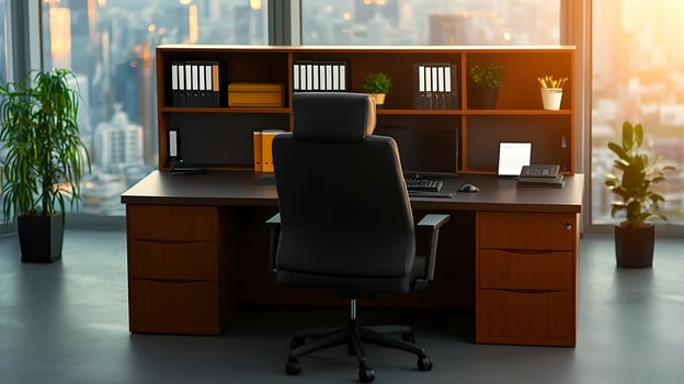 Modern office workspace with a view, featuring a desk, chair, and city skyline in the background photo