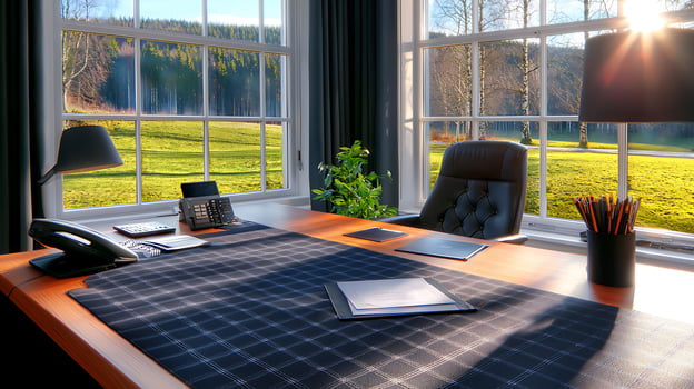 Modern office workspace with a view of a serene landscape and natural light streaming in photo