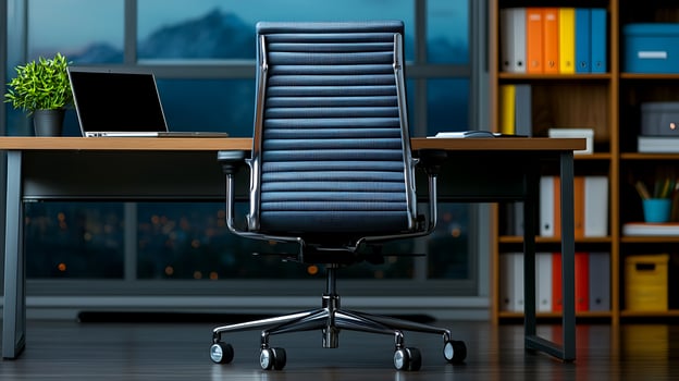 Modern office workspace with a stylish chair, laptop, and colorful shelves against a mountain view photo