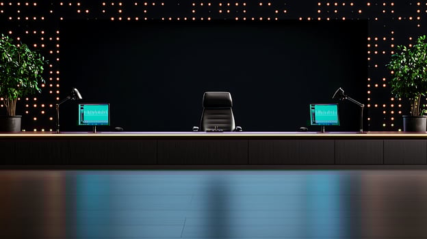 Modern office workspace with sleek desk, dual monitors, and ambient lighting in the background photo