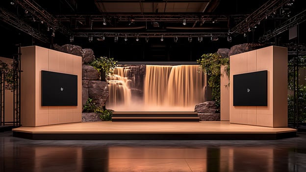 Modern presentation stage featuring a waterfall backdrop with lush greenery and sleek design photo