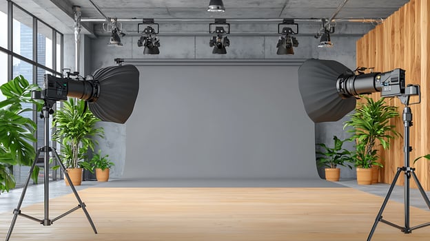Modern photography studio setup with softbox lights, gray backdrop, and potted plants photo