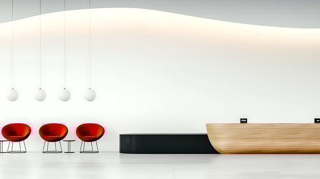 Modern reception area featuring stylish red chairs and a sleek wooden front desk photo