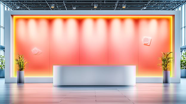 Modern reception area with vibrant orange wall lighting and minimalistic design elements photo