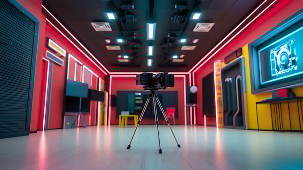 Modern photography studio with vibrant lighting, a camera on a tripod, creative backdrop design photo