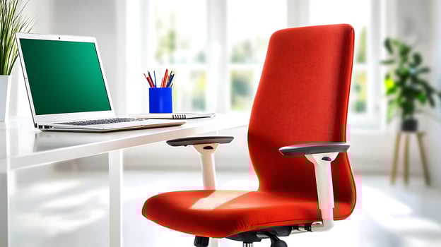 Modern red office chair beside a laptop on a bright desk with colorful stationery in a sunny room photo