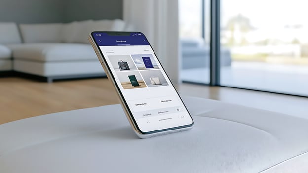 Modern smartphone displaying product options in a stylish living room with natural light photo