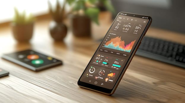 Modern smartphone displaying vibrant data analytics on a wooden desk with plants and keyboard photo