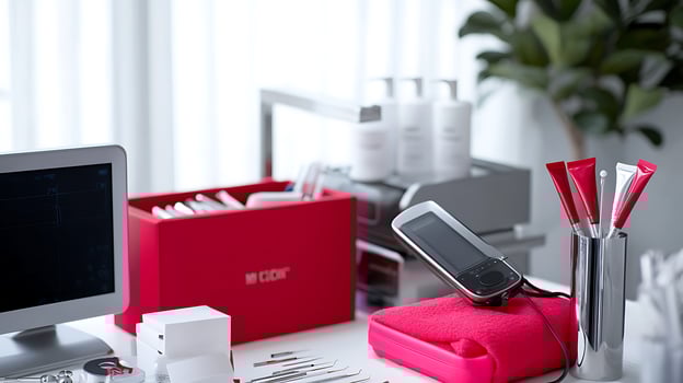 Modern spa treatment setup featuring skincare products, tools, and a high-tech device in a serene environment photo