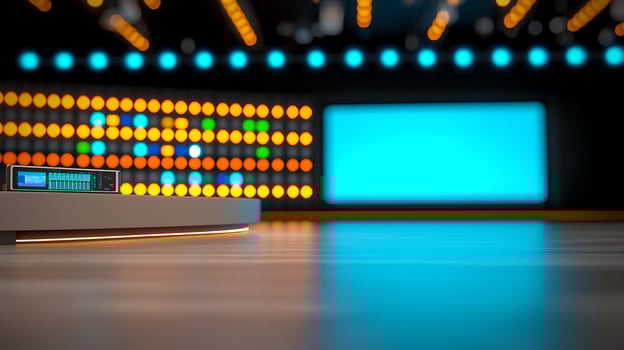 Modern stage setup with vibrant lighting and blank screen, ideal for presentations or performances photo