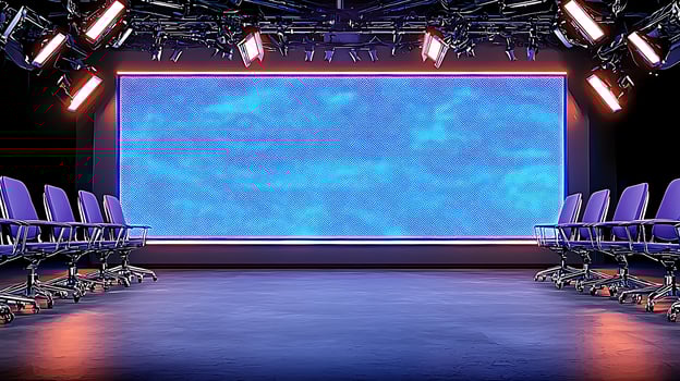 Modern studio set with purple chairs, bright lights, and a large blue screen in the background photo