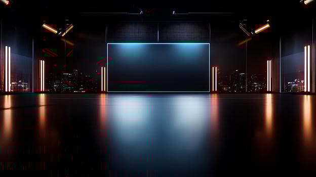 Modern studio with illuminated backdrop, reflecting city skyline at night, ideal for presentations photo