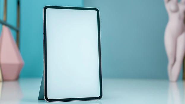 Modern tablet on a sleek surface with abstract sculptures and a minimalist background photo