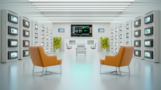 Modern technology showcase in a minimalist room with vintage monitors and sleek furniture photo