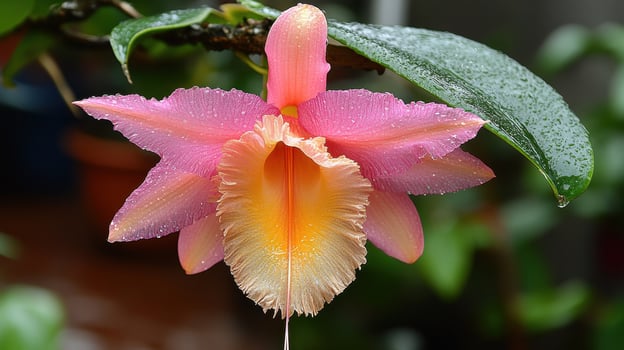 Pink orchid blossom, rain droplets, garden, green leaves, floral photography photo