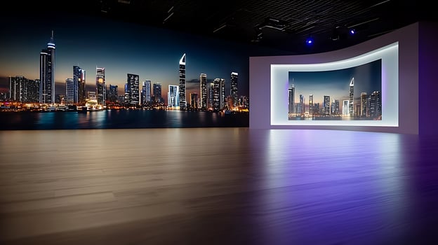 Modern urban skyline display in a sleek interior, showcasing a vibrant city at twilight photo