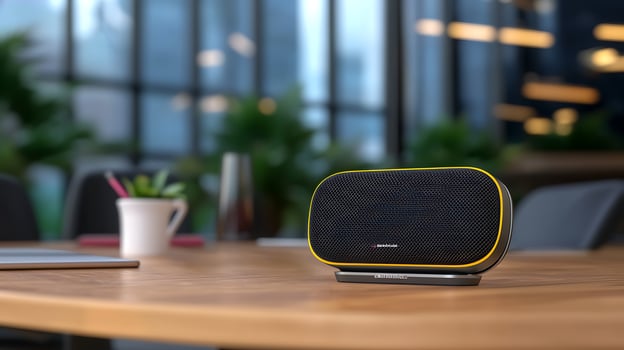 Modern wireless speaker on a wooden table in a contemporary office setting with greenery photo