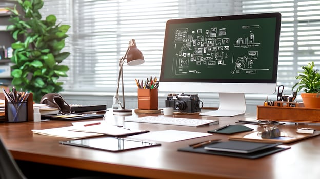 Modern workspace featuring a computer, stationery, and plants in a bright office setting photo