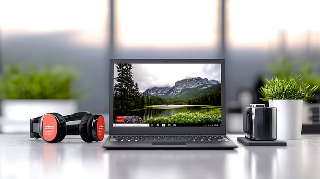 Modern workspace featuring a laptop, headphones, coffee mug, and scenic background view photo