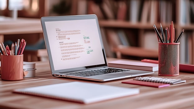 Modern workspace featuring a laptop, stationery, and organized desk in a cozy library background photo