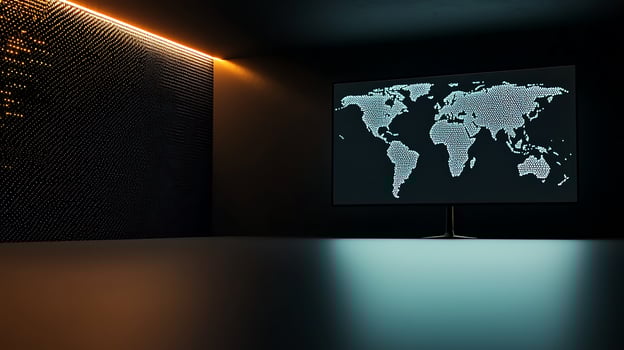 Modern workspace featuring a large screen displaying a world map with ambient lighting photo