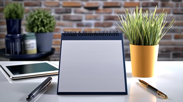Modern workspace featuring a notepad, tablet, pens, and potted plants against a brick wall photo