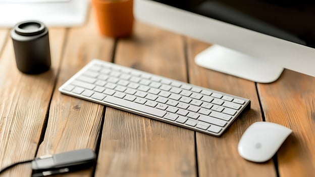 Modern workspace featuring a sleek keyboard and mouse on a wooden desk with coffee cup photo