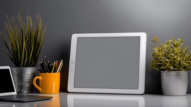 Modern workspace featuring a tablet, laptop, and vibrant plants on a sleek gray desk photo