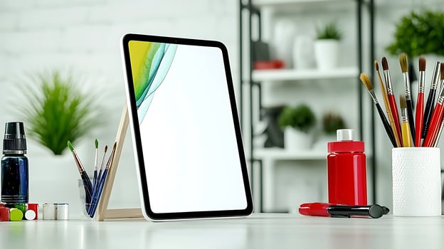 Modern workspace featuring a tablet on a stand, surrounded by art supplies and plants photo