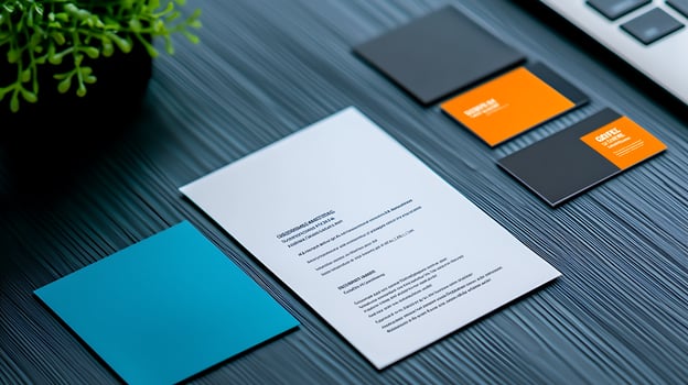 Modern workspace featuring business cards and a document on a textured surface with greenery photo