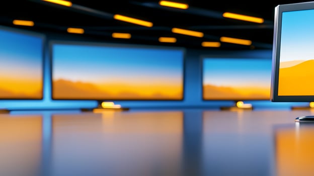 Modern workspace featuring multiple screens displaying a serene landscape at dusk photo
