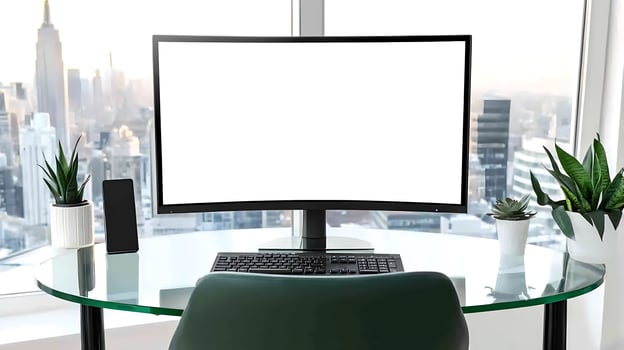Modern workspace with a large monitor, keyboard, and plants overlooking a city skyline photo