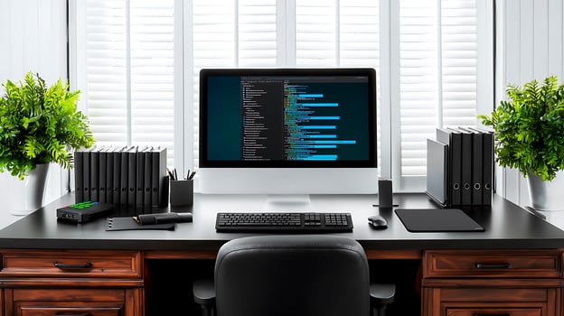 Modern workspace with computer displaying code, surrounded by plants and organized files photo