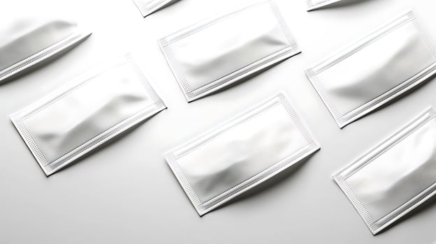 Multiple sleek, empty packaging pouches arranged neatly on a smooth surface, reflecting light photo