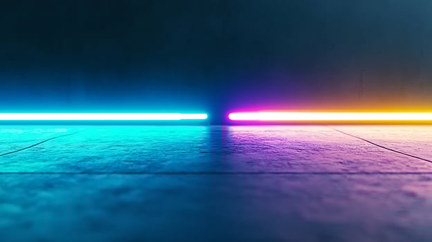 Neon lights in a dark room creating a vibrant atmosphere with reflections on the floor photo
