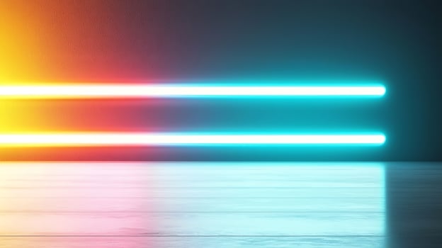 Neon lights casting vibrant colors on a polished wooden floor in a modern interior setting photo